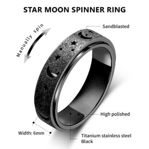 LuckyAmor Stainless Steel Spinner Ring, Halo Style, Black, for Women and Men - Size 6-10, Anxiety Moon Star Ring, Unique Gift for Teen Girls Boys, Hypoallergenic