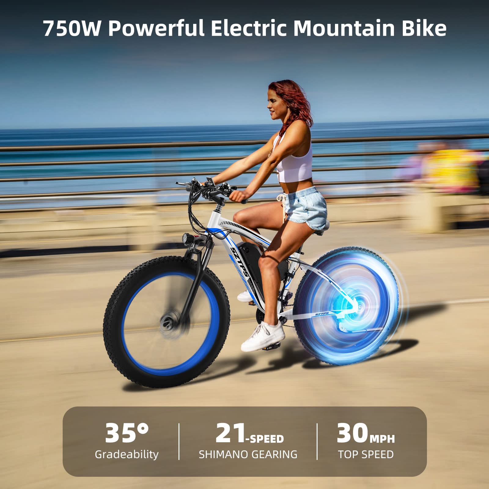 Electric Bike,26''Electric Bike for Adults with 48V 13Ah Removable Battery,750W Fat Tire Electric Bike,30 MPH Electric Mountain Bike,21 Speed E-Bike with Phone Charger Mount