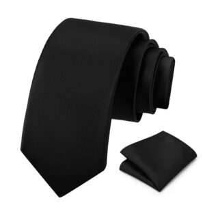 pensee men's black ties for men solid pure color 3.15" (8cm) classic formal plain necktie and pocket square set for men