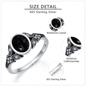 925 Sterling Silver Retro Vintage Oxidized Band Statement Ring with 8*6 mm Oval Simulated Birthstone Crystal, Anniversary Wedding Engagement Jewelry Gifts for Women Wife, Crystal, crystal