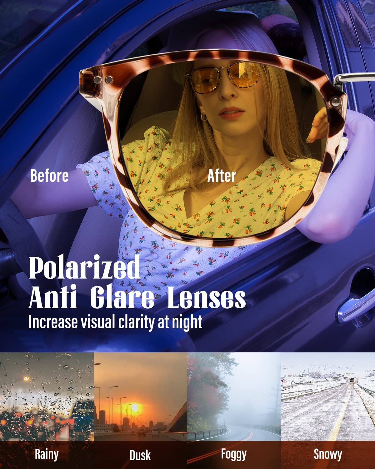 Bloomoak Night Driving Polarized Glasses for Boomer,Trendy Retro Fashion Glasses, Anti Glare for LED Headlights/Halogens/Starbursts(leopard/yellow)