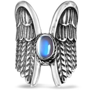 Big Large Angel Wings Moonstone Feather Wide Bands Ring for Women Girls,S925 Sterling Silver Full Finger Wide Bands Thumb Index Finger Ring,Retro Vintage Punk Gothic Biker Cocktail Gem Gemstone Crystal Stone Ring Jewelry Gift for Her (Ring_A, 10)