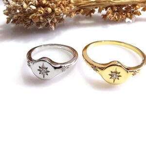 Sterling Silver Signet Ring, Cz Ring, North Star Ring, Polaris Ring, Unique Silver Ring, Star Signet Ring, Starburst Ring, Celestial Ring (White, 9), Yellow,White (Ajr0015)