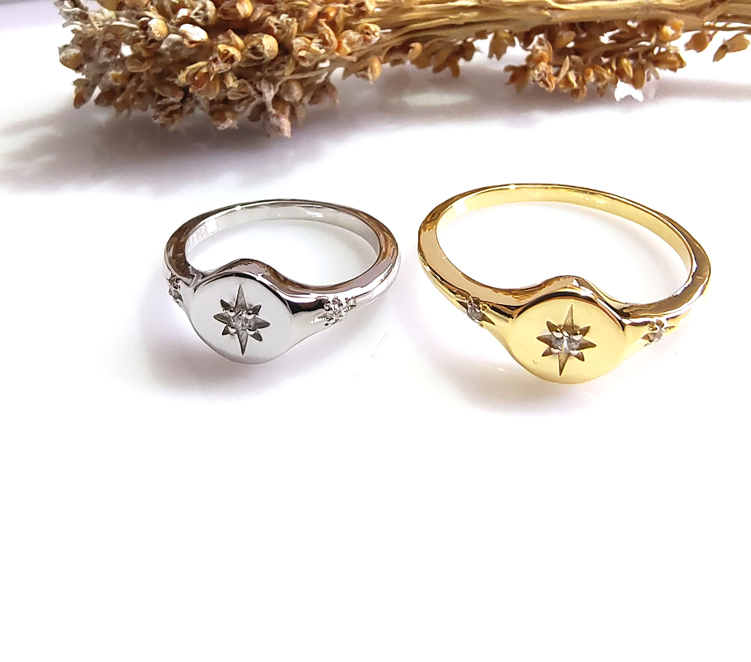 Sterling Silver Signet Ring, Cz Ring, North Star Ring, Polaris Ring, Unique Silver Ring, Star Signet Ring, Starburst Ring, Celestial Ring (White, 9), Yellow,White (Ajr0015)