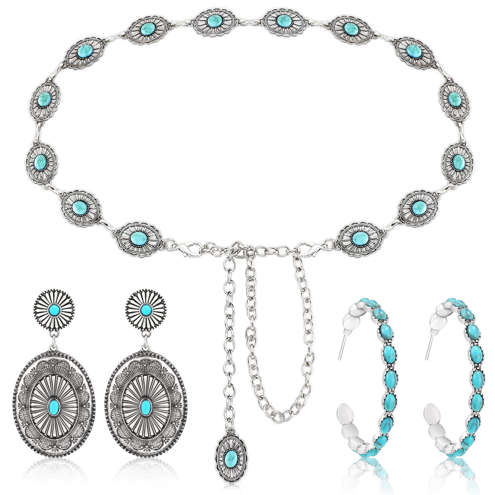 3 Pieces Western Belts for Women Turquoise Chain Belt Turquoise Concho Belts Metal Waist Belts Silver Boho Turquoise Hoop Earrings Western Turquoise Drop Statement Post Earrings Jewelry