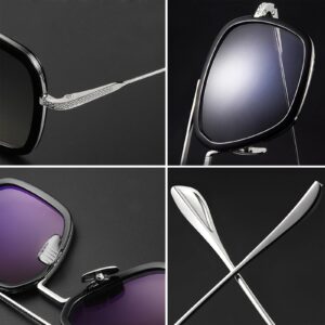 Sehnsucht Tony Stark Sunglasses for Men Women Iron Man Eyeglasses Square Metal Spider Man Downey Pilot Shade Sun Glasses Vintage UV Protection 66218 Black&Purple