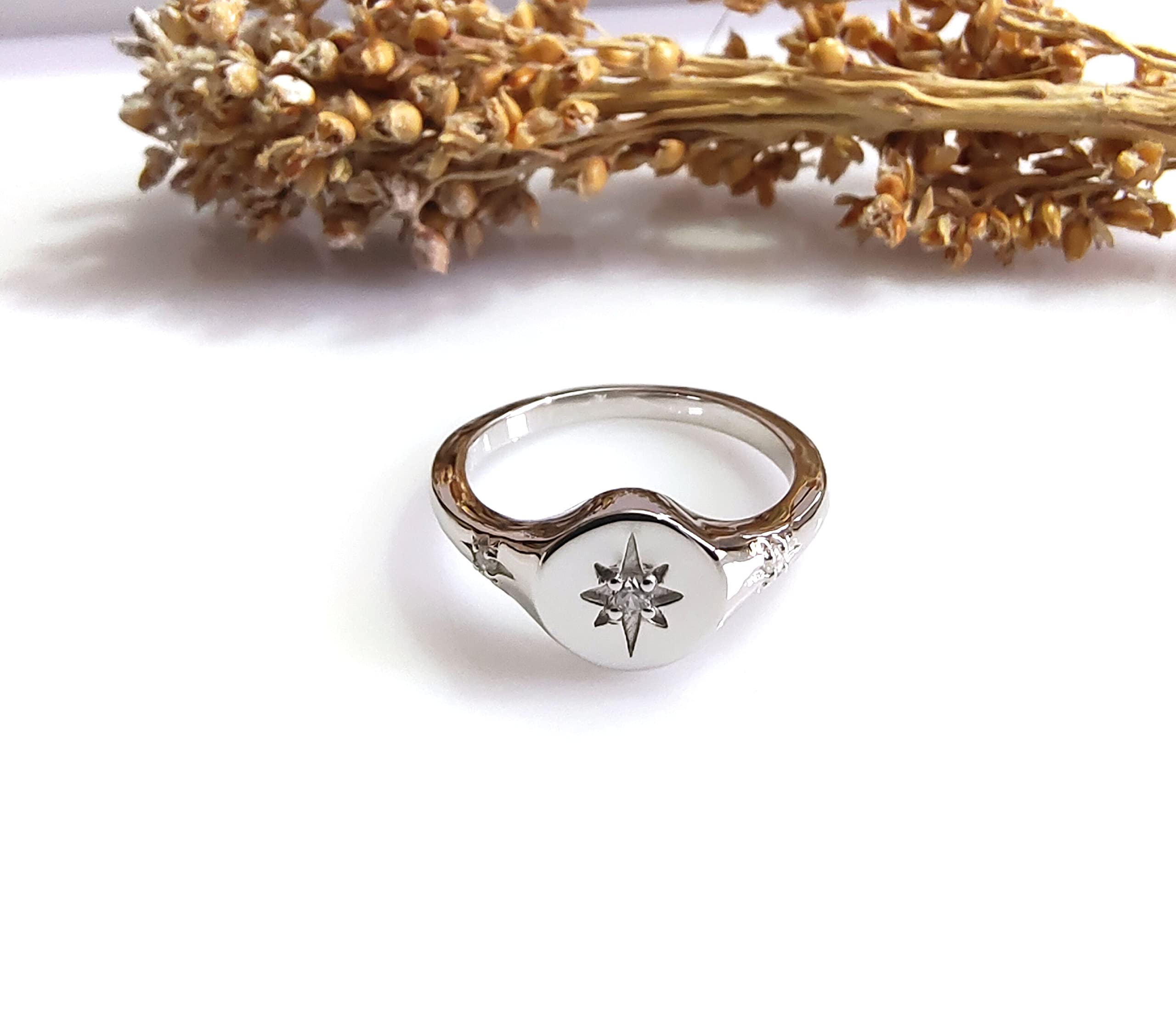 Sterling Silver Signet Ring, Cz Ring, North Star Ring, Polaris Ring, Unique Silver Ring, Star Signet Ring, Starburst Ring, Celestial Ring (White, 9), Yellow,White (Ajr0015)