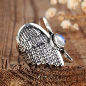 Big Large Angel Wings Moonstone Feather Wide Bands Ring for Women Girls,S925 Sterling Silver Full Finger Wide Bands Thumb Index Finger Ring,Retro Vintage Punk Gothic Biker Cocktail Gem Gemstone Crystal Stone Ring Jewelry Gift for Her (Ring_A, 10)