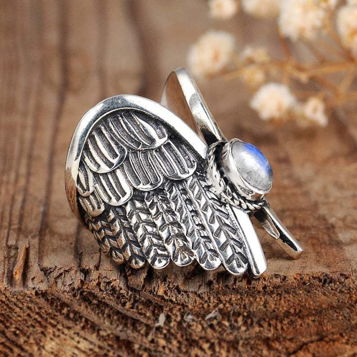 Big Large Angel Wings Moonstone Feather Wide Bands Ring for Women Girls,S925 Sterling Silver Full Finger Wide Bands Thumb Index Finger Ring,Retro Vintage Punk Gothic Biker Cocktail Gem Gemstone Crystal Stone Ring Jewelry Gift for Her (Ring_A, 10)