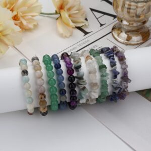 FINREZIO 10PCS Natural Gemstone Bead Bracelets for Men Women Semi-precious Beaded Bracelets Chakra Crystal Healing Bracelets Irregular Chips Beads Bracelet Stretch Relief Reiki Yoga Bracelet 6mm 8mm