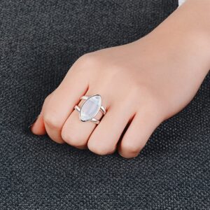 Womens Girls Big Large Opalite Stone Ring Crystal Ring S925 Sterling Silver Natural Genuine Horse Eye Shaped White Agate Onyx Gem Gemstone Ring,Double Line Wide Band Thumb Ring,Punk Biker Cocktail Party Boho Ring Jewelry Gift for Her (Ring_C, 9)