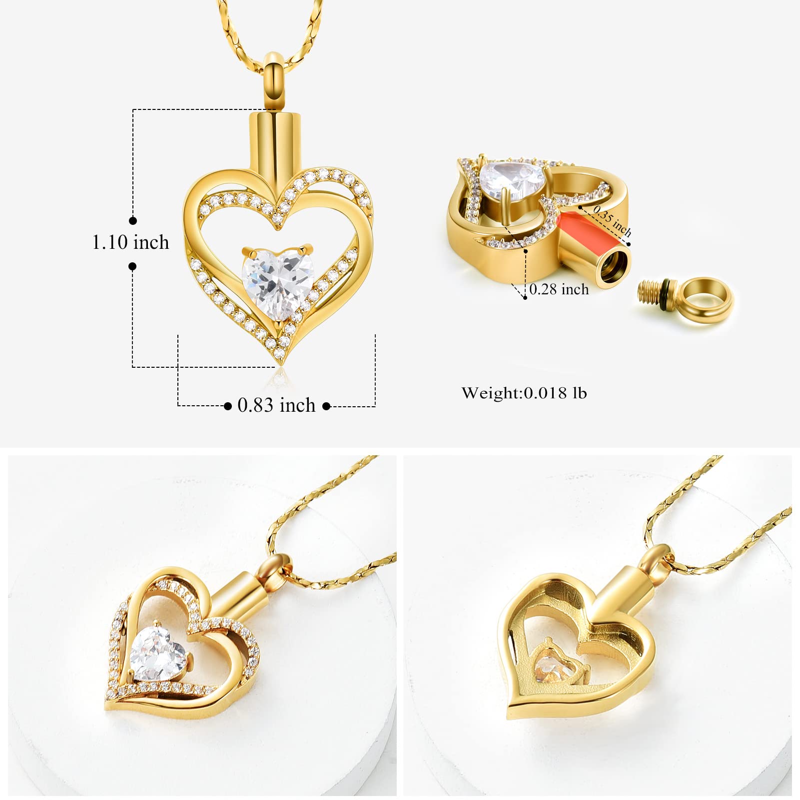 Cremation Jewelry Heart Urn Necklace for Women Girls Birthstone Memorial Jewelry Pendant for Ashes for Human Pet (Gold White)