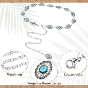 3 Pieces Western Belts for Women Turquoise Chain Belt Turquoise Concho Belts Metal Waist Belts Silver Boho Turquoise Hoop Earrings Western Turquoise Drop Statement Post Earrings Jewelry