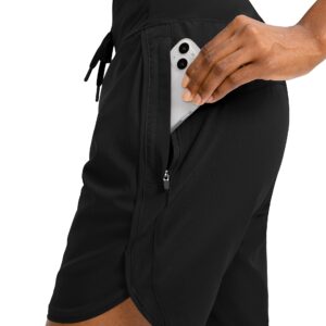 Dyorigin Women's 7" Athletic Running Shorts with 3 Zipper Pockets Long High Waisted Shorts Women for Workout Gym Hiking(Black Large)