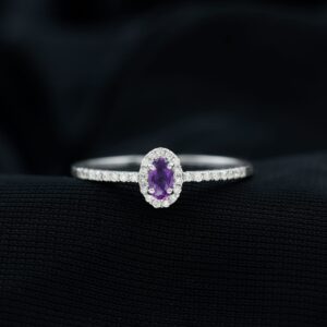 Rosec Jewels Natural Amethyst Minimal Halo Ring| 3X5 MM Oval| AAA Quality| Engagement Ring for Women, 14K White Gold, Size:US 10.00