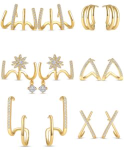 ofeiyaa 6 pairs earrings stud claw ear cuff x-shaped heart snowflake shiny cz trendy minimalist dainty double wrap huggie earrings for women gold tone