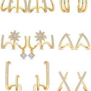 Ofeiyaa 6 Pairs Earrings Stud Claw Ear Cuff X-shaped Heart Snowflake Shiny CZ Trendy Minimalist Dainty Double Wrap Huggie Earrings for Women Gold Tone