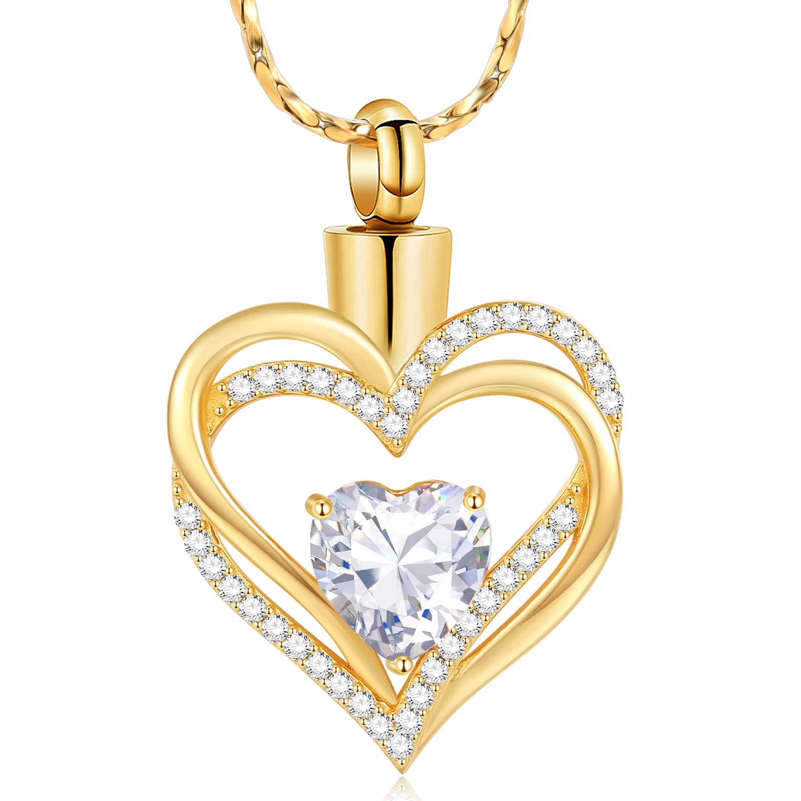 Cremation Jewelry Heart Urn Necklace for Women Girls Birthstone Memorial Jewelry Pendant for Ashes for Human Pet (Gold White)