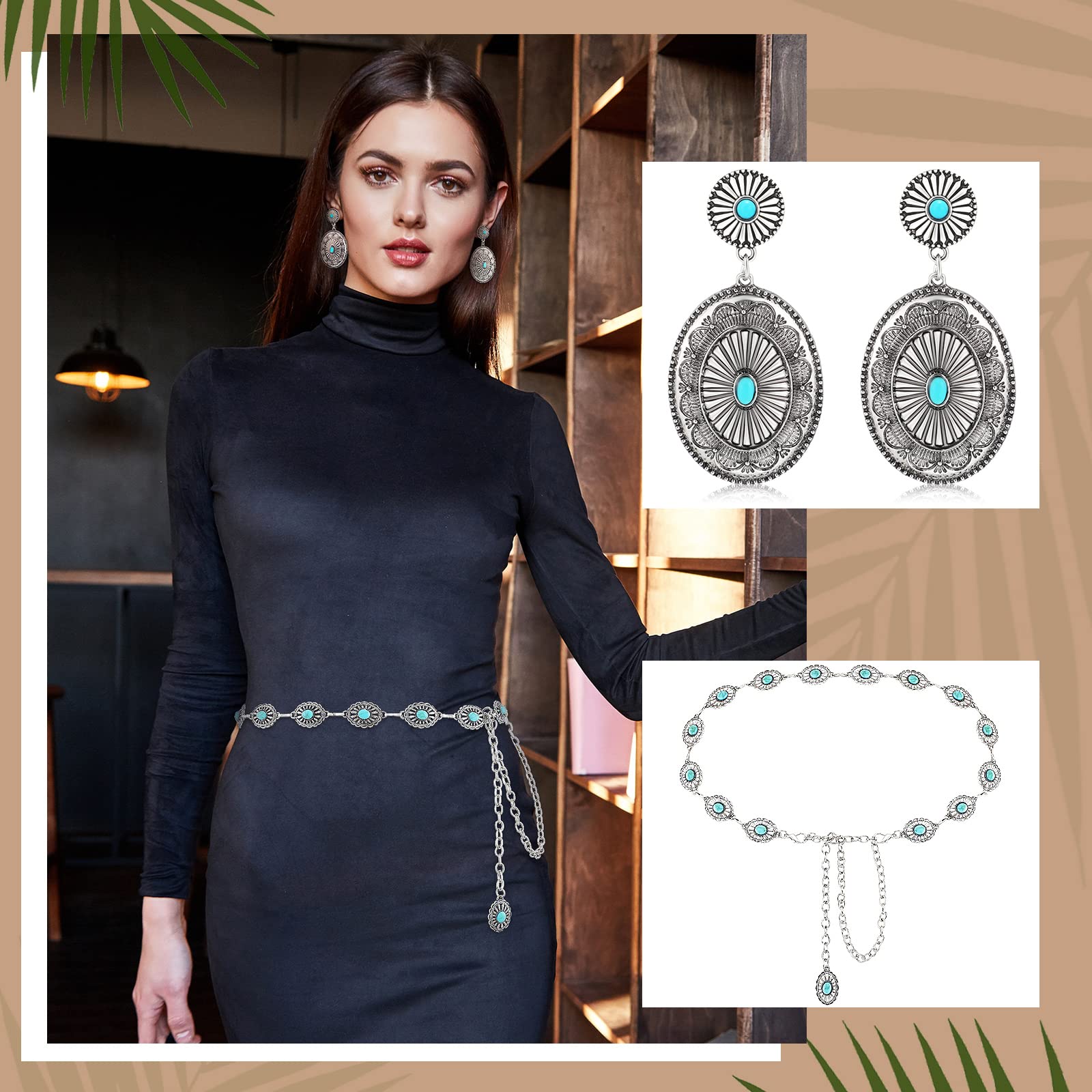 3 Pieces Western Belts for Women Turquoise Chain Belt Turquoise Concho Belts Metal Waist Belts Silver Boho Turquoise Hoop Earrings Western Turquoise Drop Statement Post Earrings Jewelry