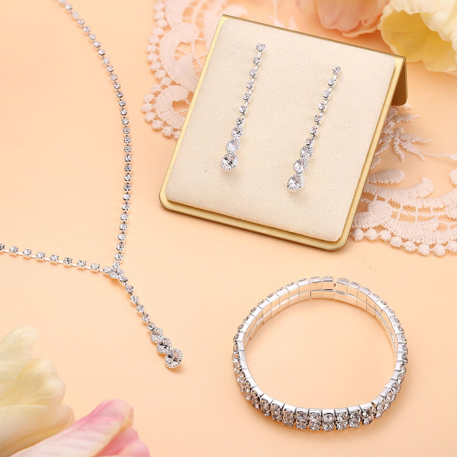 Jstyle Silver Bridal Wedding Jewelry Set Crystal Necklace Bracelet Dangle Earrings Set for Bride Bridesmaid Rhinestone Necklace Prom Costume Jewelry Set Accessories for Women (Set of 3) 1