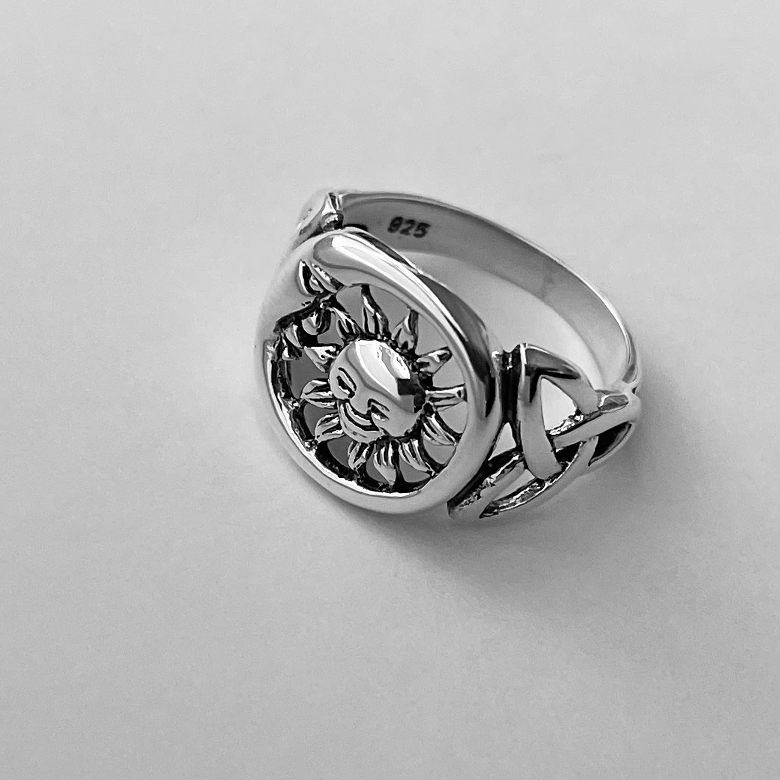 Sterling Silver Large Unisex Sun and Moon Face Ring with Celtic, Celestial, Sky Ring, Sunshine Ring