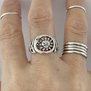 Sterling Silver Large Unisex Sun and Moon Face Ring with Celtic, Celestial, Sky Ring, Sunshine Ring