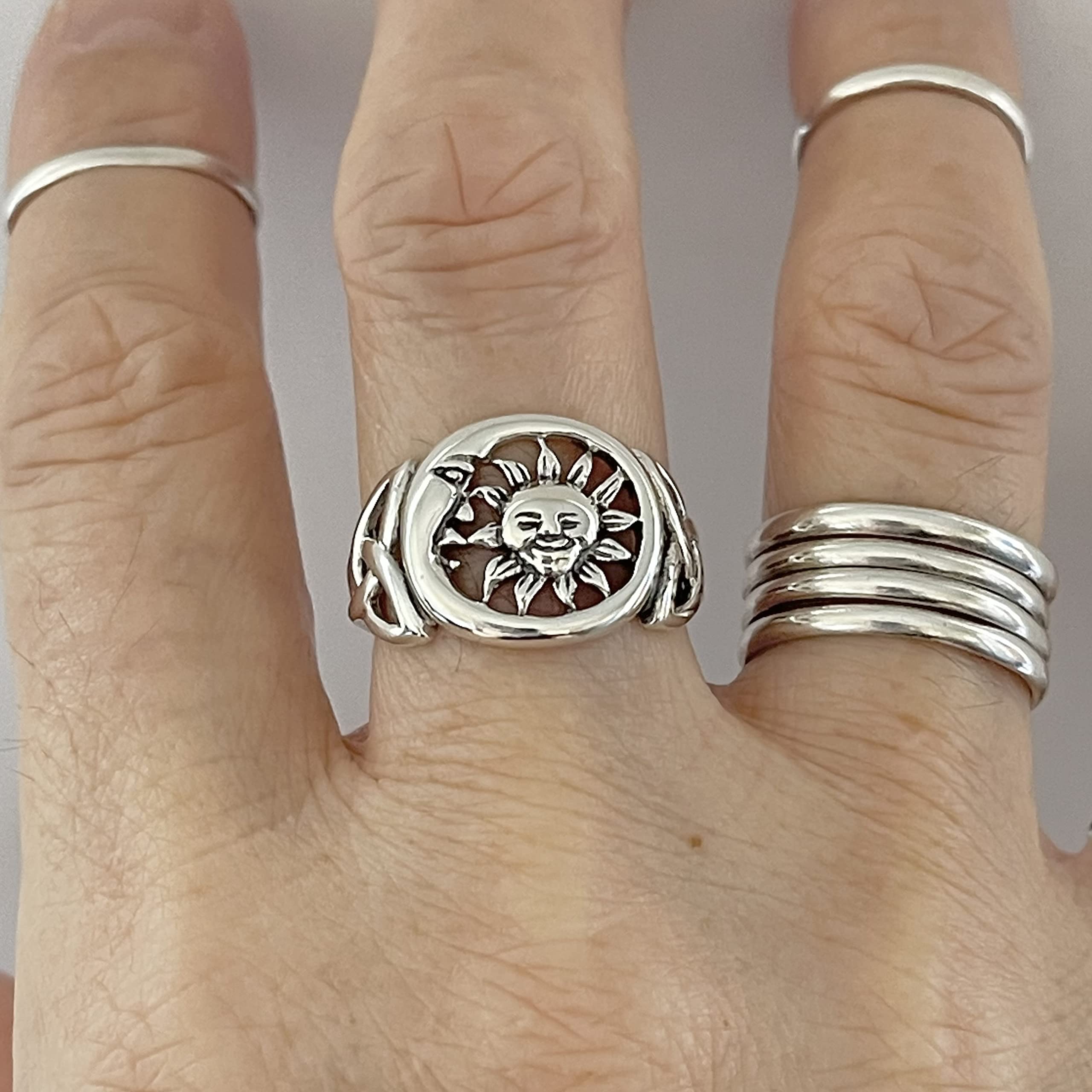 Sterling Silver Large Unisex Sun and Moon Face Ring with Celtic, Celestial, Sky Ring, Sunshine Ring