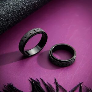 LuckyAmor Stainless Steel Spinner Ring, Halo Style, Black, for Women and Men - Size 6-10, Anxiety Moon Star Ring, Unique Gift for Teen Girls Boys, Hypoallergenic