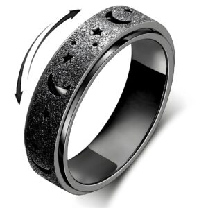 LuckyAmor Stainless Steel Spinner Ring, Halo Style, Black, for Women and Men - Size 6-10, Anxiety Moon Star Ring, Unique Gift for Teen Girls Boys, Hypoallergenic