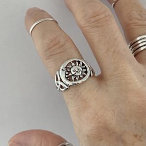 Sterling Silver Large Unisex Sun and Moon Face Ring with Celtic, Celestial, Sky Ring, Sunshine Ring