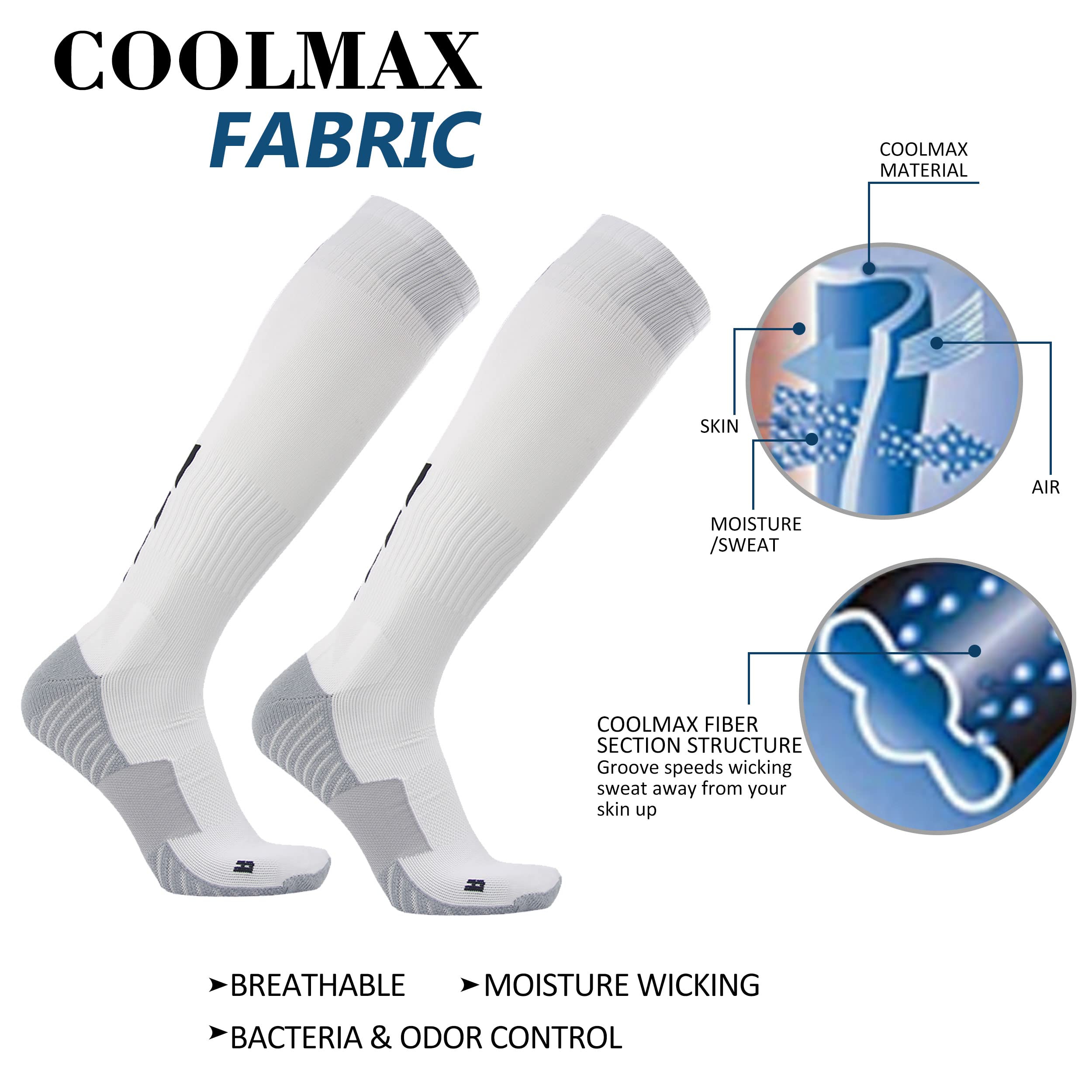 Three street Baseball Socks, Over Knee High Coolmax Wicking Moisture Sport Football Softball Volleyball Long Compression Socks White 3 Pairs Large