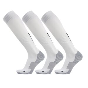 Three street Baseball Socks, Over Knee High Coolmax Wicking Moisture Sport Football Softball Volleyball Long Compression Socks White 3 Pairs Large