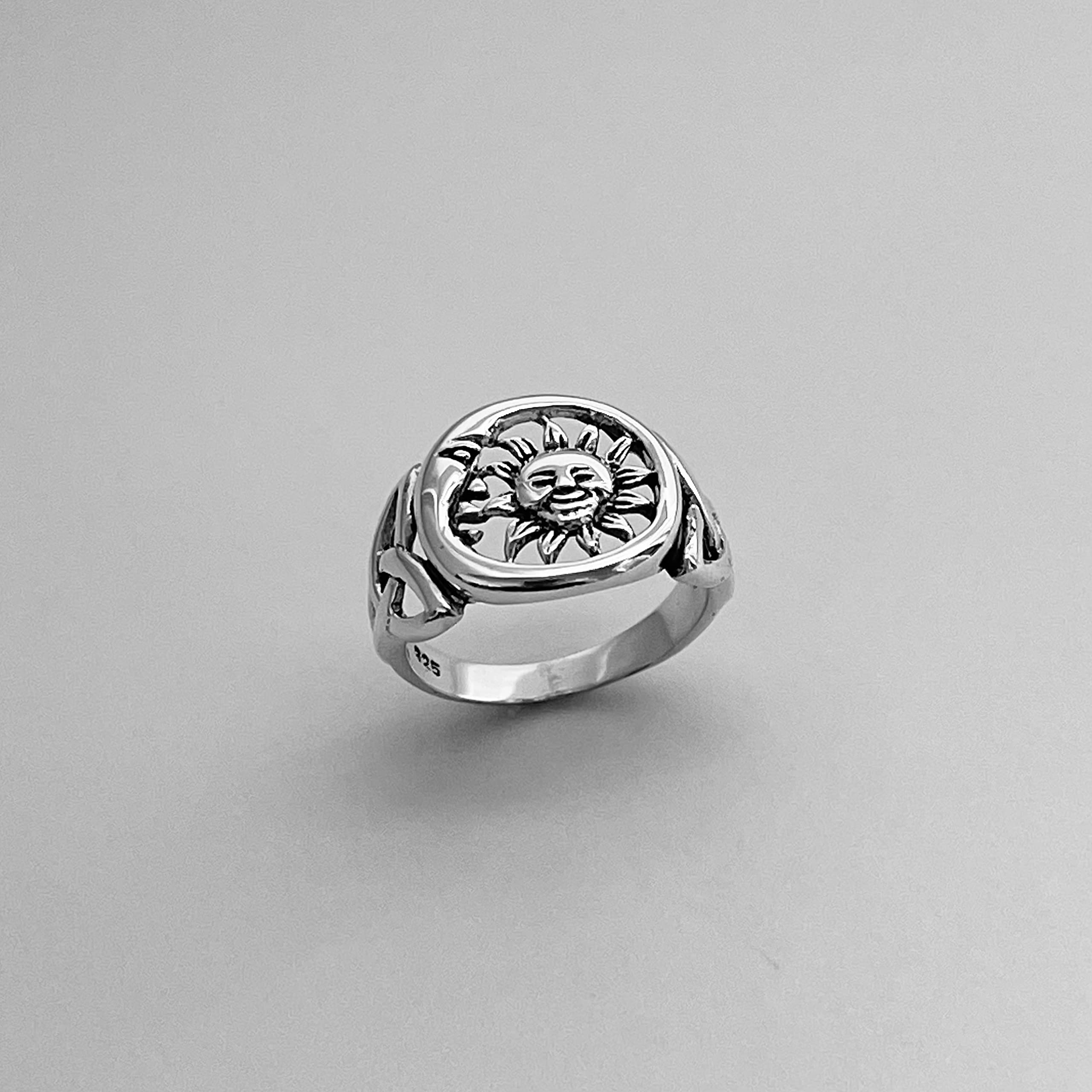 Sterling Silver Large Unisex Sun and Moon Face Ring with Celtic, Celestial, Sky Ring, Sunshine Ring