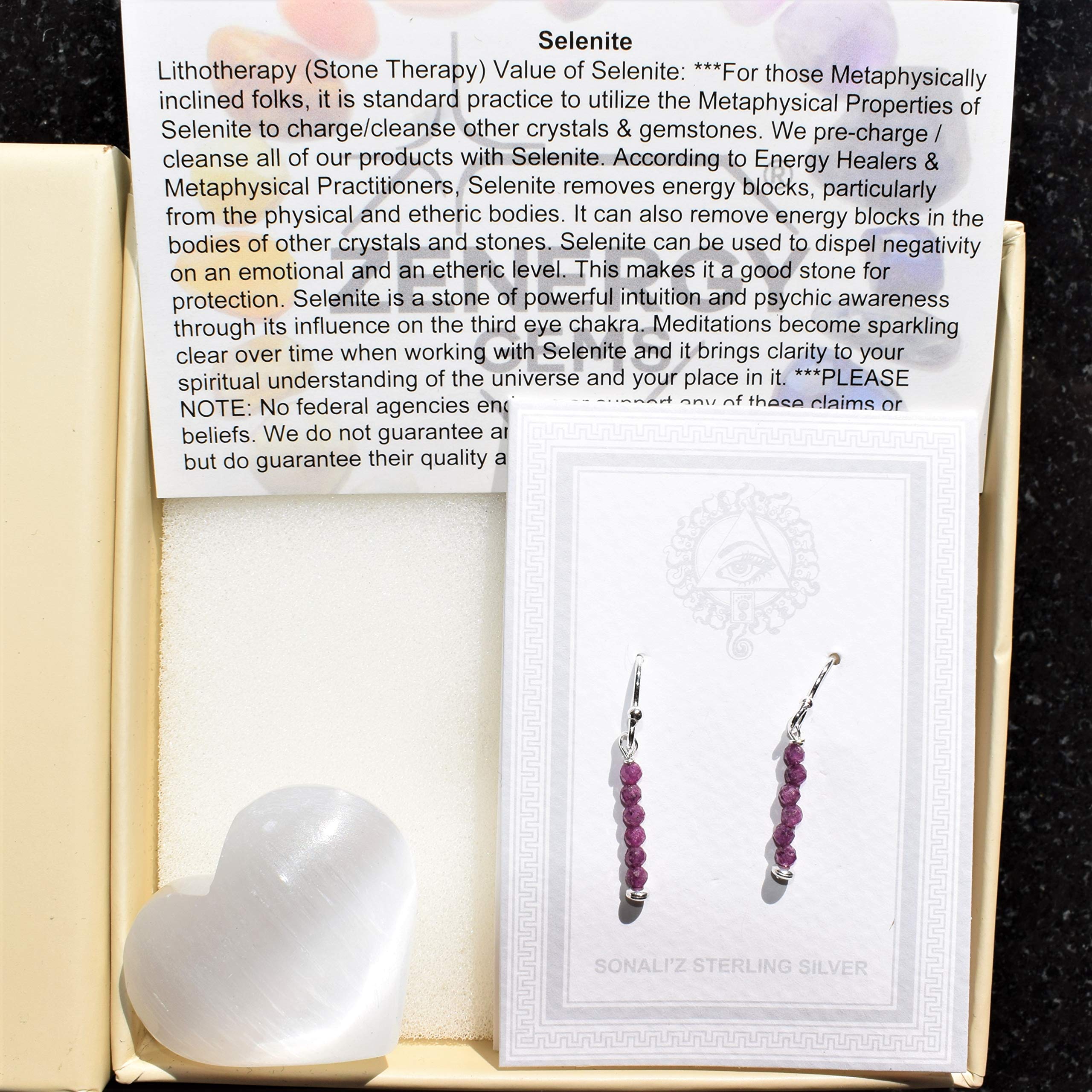 CHARGED Natural Ruby 925 Sterling Silver Designer Earrings + Selenite Charging Heart [Included]