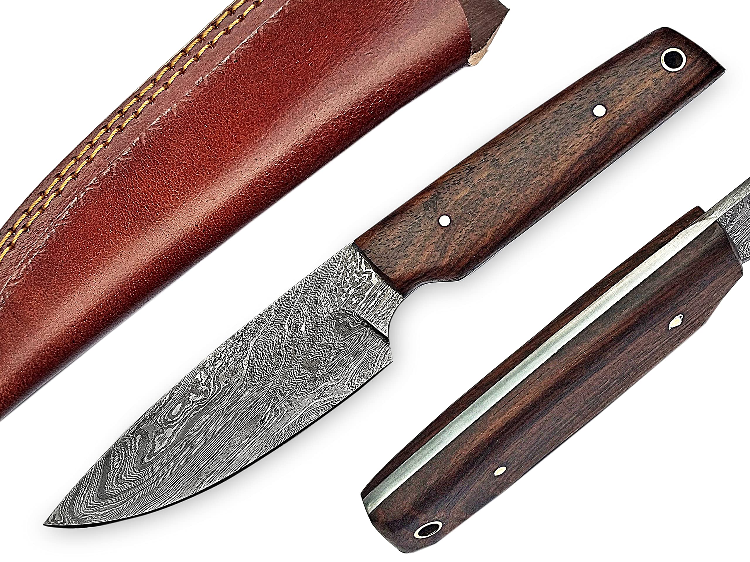 Handmade Full Tang Damascus Steel Fixed blade Knife, Hunting Knives Bushcraft knife- Skinning Knife-EDC With Rose Wood Handle and Real Leather Sheath