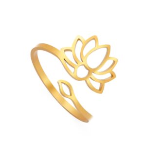 Dreamtimes Lotus Flower Rings for Women Encouragement Lotus Flower Adjustable Ring Vintage Jewelry Buddha Yoga Ring Wedding Mother Bague Gift (GOLD)