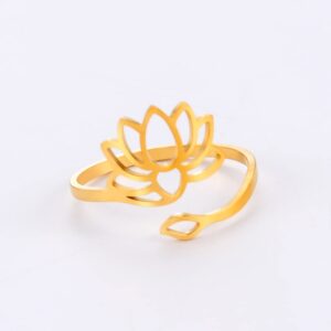 Dreamtimes Lotus Flower Rings for Women Encouragement Lotus Flower Adjustable Ring Vintage Jewelry Buddha Yoga Ring Wedding Mother Bague Gift (GOLD)