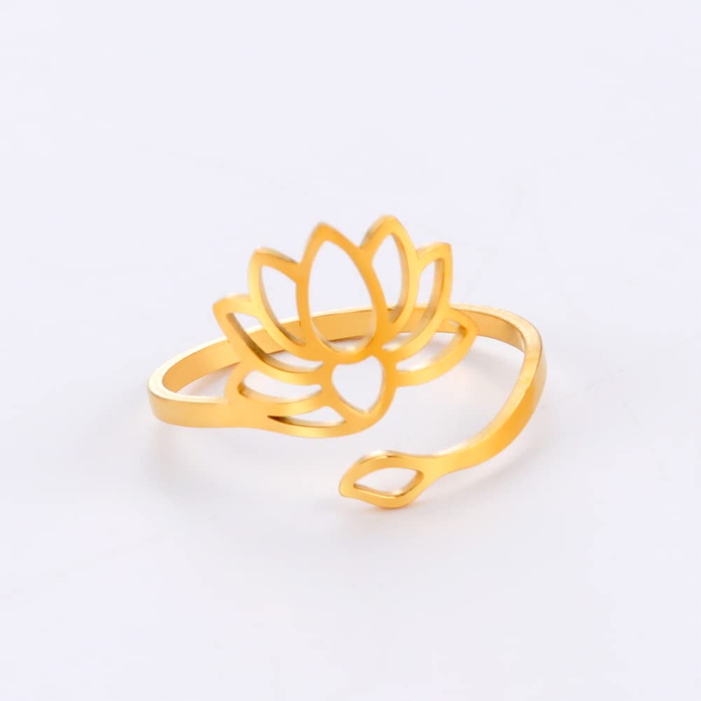 Dreamtimes Lotus Flower Rings for Women Encouragement Lotus Flower Adjustable Ring Vintage Jewelry Buddha Yoga Ring Wedding Mother Bague Gift (GOLD)