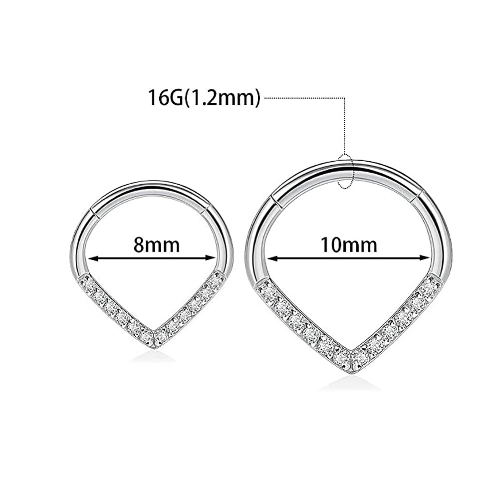 Awinrel Septum Rings 16G Helix Rook Cartilage Tragus Clicker Earrings CZ Teardrop Nose Hoop Daith Earring 8mm 316L Surgical Steel Segment Piercing Jewelry