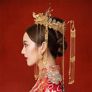 Getrelax Chinese Wedding Bride Hair Accessory Chinese Crown Wedding Hair Accessories Golden Flower Floral Beaded Flapper Headband Jeweled Bridal Wedding Tiara