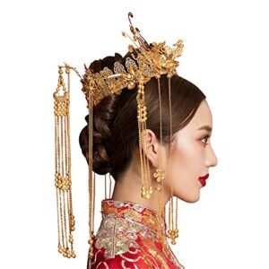 Getrelax Chinese Wedding Bride Hair Accessory Chinese Crown Wedding Hair Accessories Golden Flower Floral Beaded Flapper Headband Jeweled Bridal Wedding Tiara