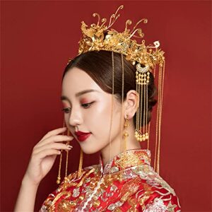 Getrelax Chinese Wedding Bride Hair Accessory Chinese Crown Wedding Hair Accessories Golden Flower Floral Beaded Flapper Headband Jeweled Bridal Wedding Tiara