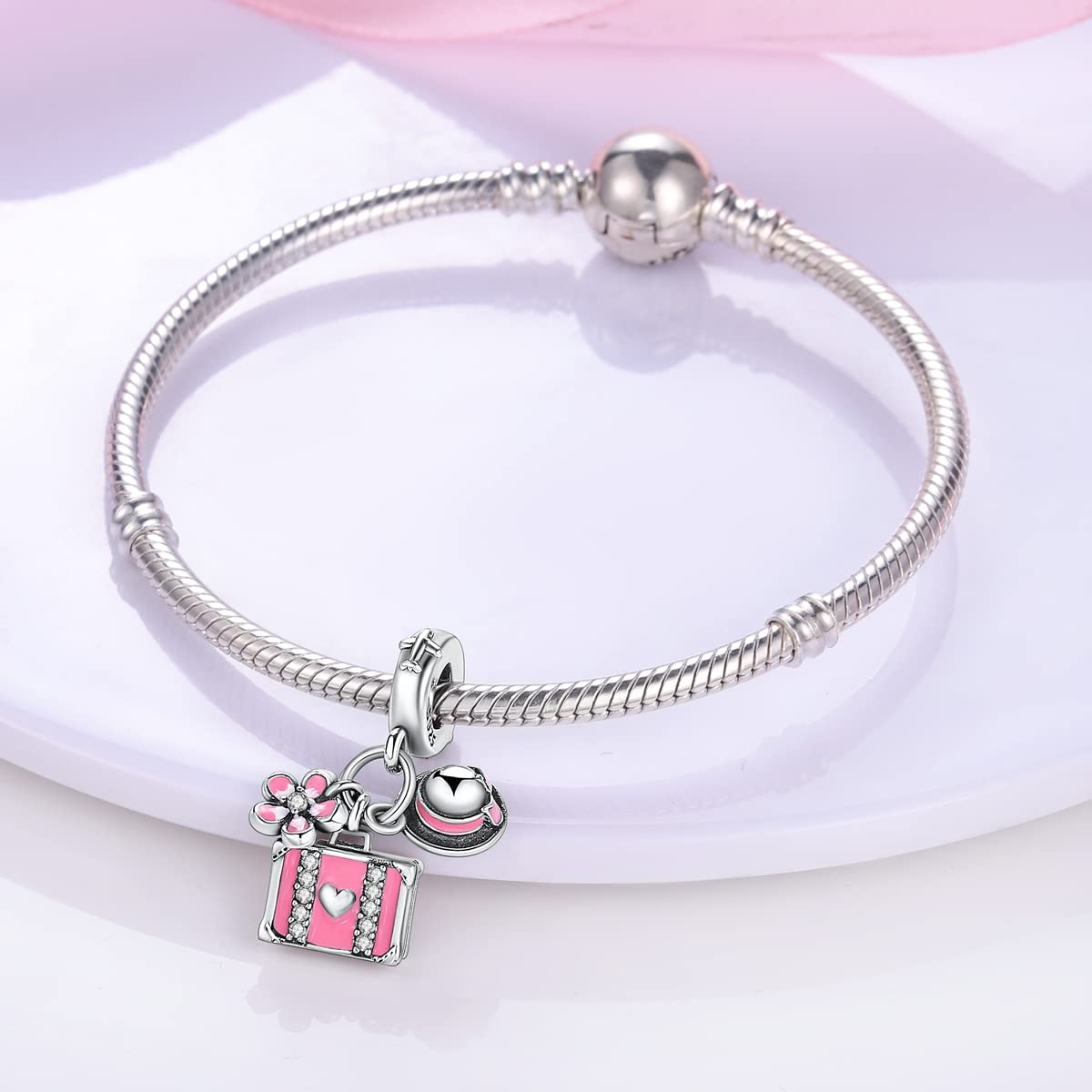 NARMO 925 Sterling Silver Charms for Pandora Bracelets Silver Charms Pink Suitcase Makeup Bag Charms for Women