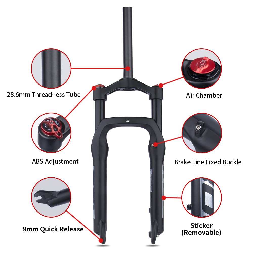 BOLANY Snow Beach Bike Suspension Fork 20 inch 4.0 Tire Fat Bicycle Air Front Fork Travel135mm (Manual)