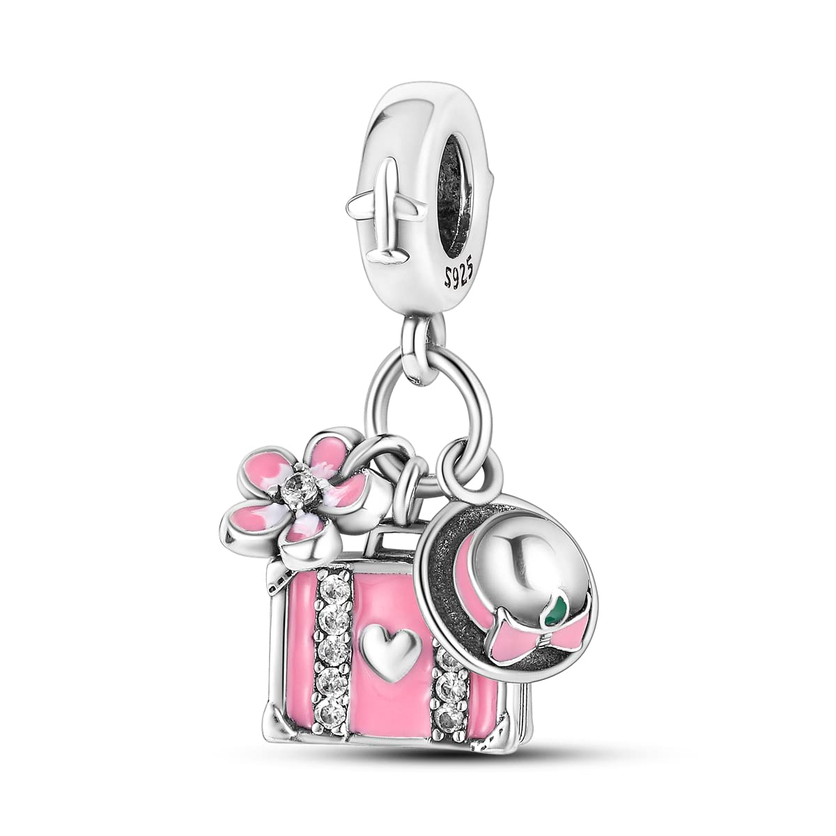 NARMO 925 Sterling Silver Charms for Pandora Bracelets Silver Charms Pink Suitcase Makeup Bag Charms for Women