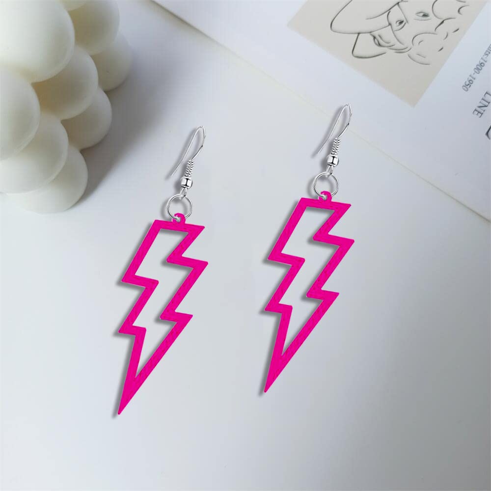 80s Neon Earrings Halloween Lightning Earrings Retro Acrylic Drop Dangle for Women 80's Party (Rose Red)