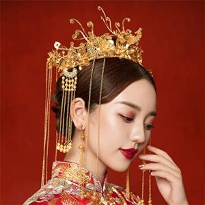 Getrelax Chinese Wedding Bride Hair Accessory Chinese Crown Wedding Hair Accessories Golden Flower Floral Beaded Flapper Headband Jeweled Bridal Wedding Tiara