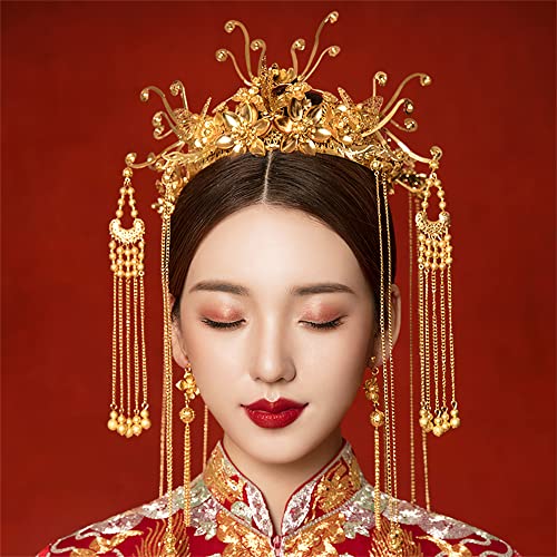 Getrelax Chinese Wedding Bride Hair Accessory Chinese Crown Wedding Hair Accessories Golden Flower Floral Beaded Flapper Headband Jeweled Bridal Wedding Tiara