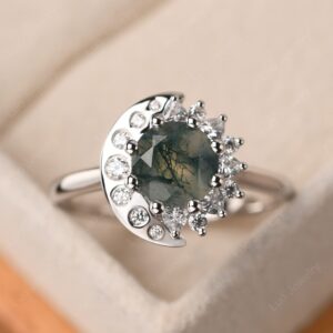 LUO S925 Sterling Silver Round Shaped 1.25 CT Moss Agate Ring Halo Engagement Ring Statement Ring Crescent Moon Sun Rings for Women Mother's Day Gifts US Size 7