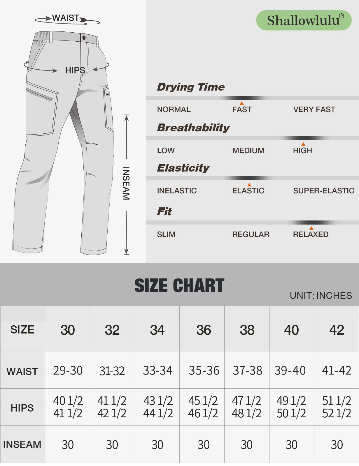 Shallowlulu Men's Hiking Pants Quick Dry Lightweight Waterproof Stretch Cargo Pants for Men with Multi Pockets for Camping Fishing Work(Dark Grey 34W/30L)